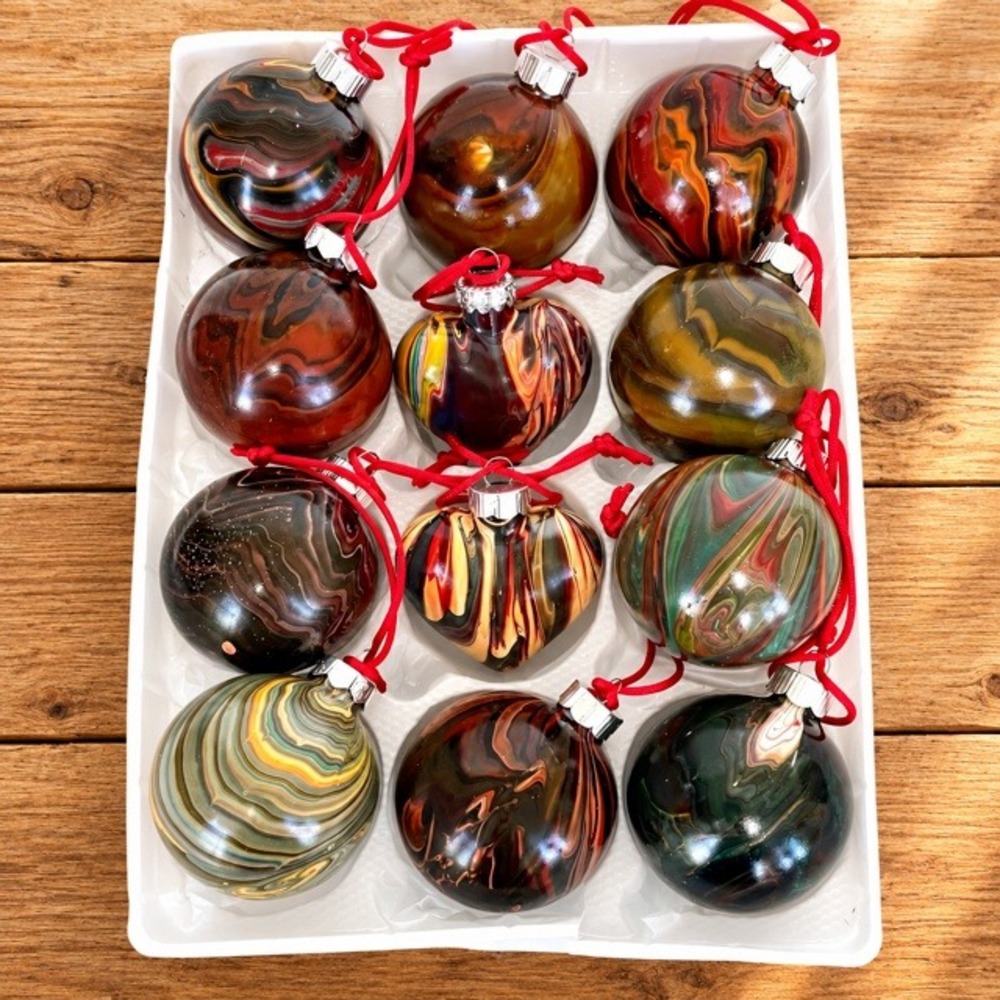 Handcrafted Glass Christmas Ornaments Set 12 Brown Marbled 10 Round 2 Heart